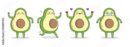 Cute avocado fruit cartoon character set 1 of waving hand, running, spreading love and wearing a mask