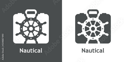 Logotipo con texto Nautical y silueta de timón de barco en maleta en fondo gris y fondo blanco