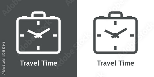Logotipo con texto Travel Time y silueta de maleta con esfera de reloj simple con líneas en fondo gris y fondo blanco