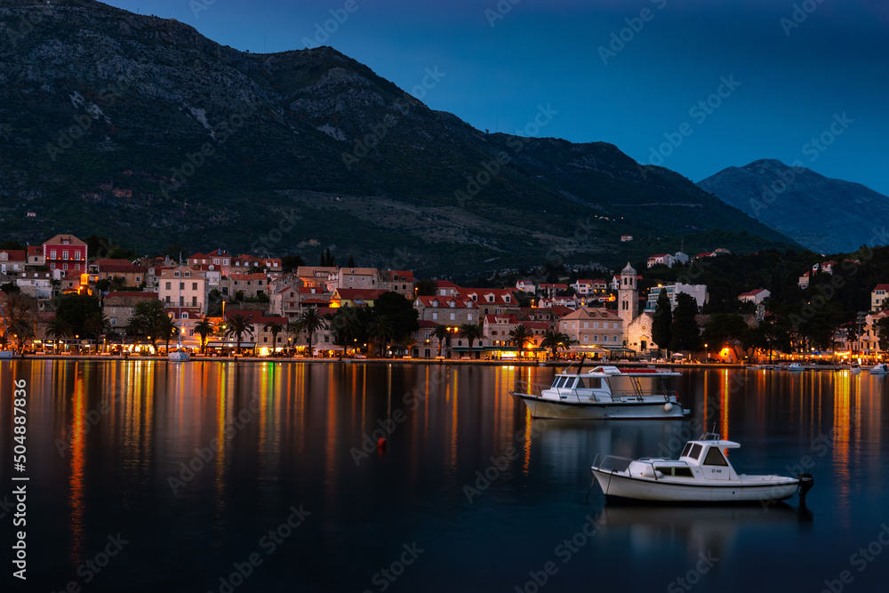 Embankment of Cavtat town after sunset, Dubrovnik Riviera, Croatia.