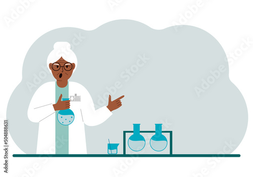 Old female scientist with flasks. Experimental scientist, laboratory assistant, biochemistry, chemical, scientific research.