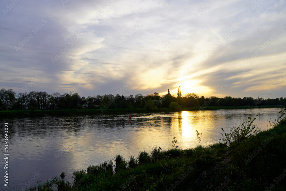 Sunset at the Elbe near Dresden. Landscape in the evening.
