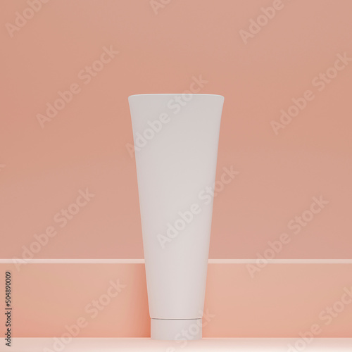 Beauty cosmetic cream mockup on light pink podium pedestal showcase. 3d render. Blank skin care product template, luxury skincare body moisturizer bottle.