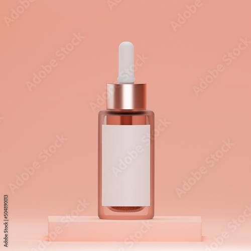 Blank, unbranded cosmetic serum bottle. Skin care product presentation on light pink background. Luxury mockup. Dropper bottle, hyaluronic acid, oil, serum with copy space. 3D rendering.