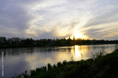 Sunset at the Elbe near Dresden. Landscape in the evening. 