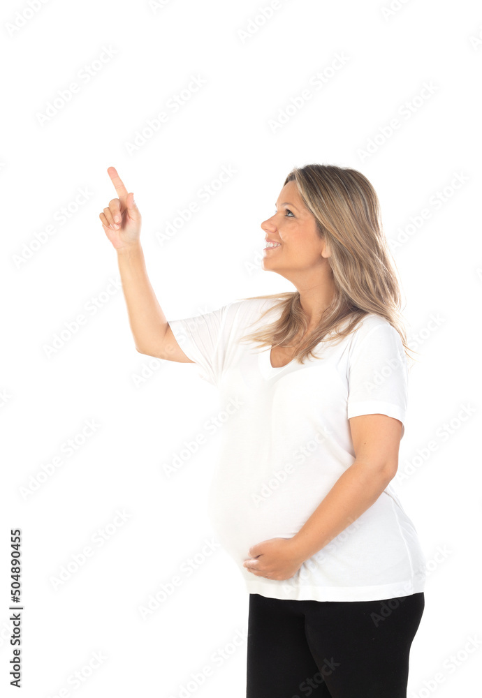 Young beautiful blonde woman pregnant expecting baby over isolated white background with a happy and cool smile on face. Young beautiful blonde woman pregnant expecting baby over isolated white background with a happy and cool smile on face.