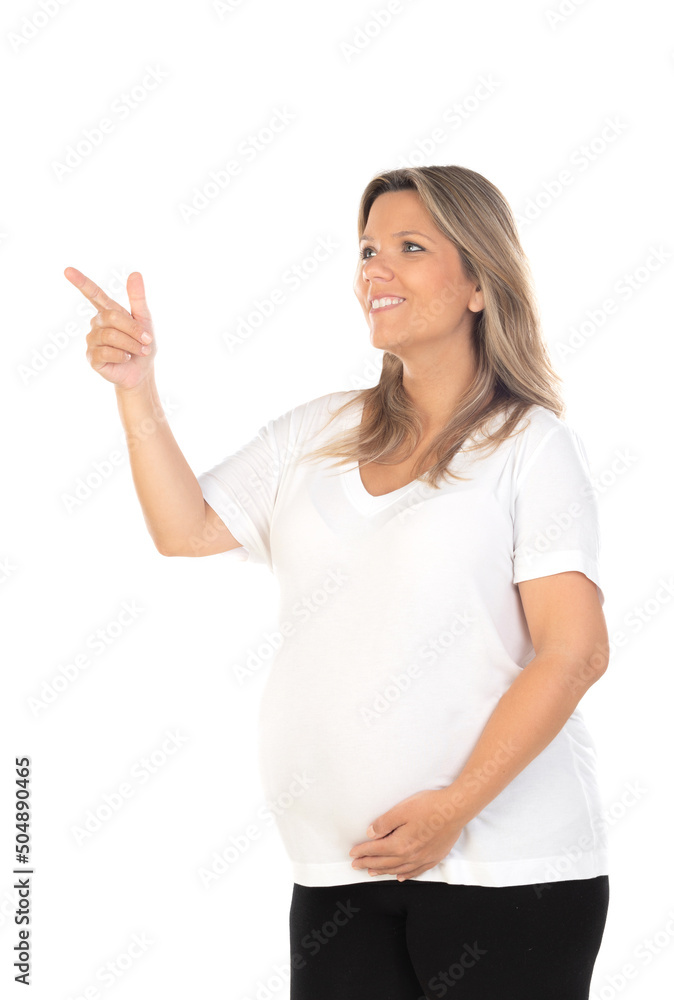 Young beautiful blonde woman pregnant expecting baby over isolated white background with a happy and cool smile on face. Young beautiful blonde woman pregnant expecting baby over isolated white background with a happy and cool smile on face.