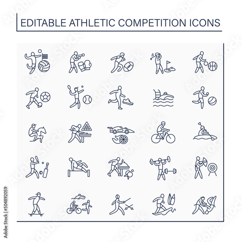 Athletic competition line icons set. Different kinds of sport. Physical exercises. Olympic competitions. Sport concept.Isolated vector illustrations. Editable stroke
