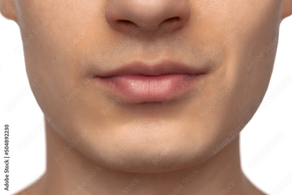 Obraz premium Cropped face of young man with well-kept skin isolated on white studio background. Concept of men's health, vision, self-care, medicine and cosmetics.