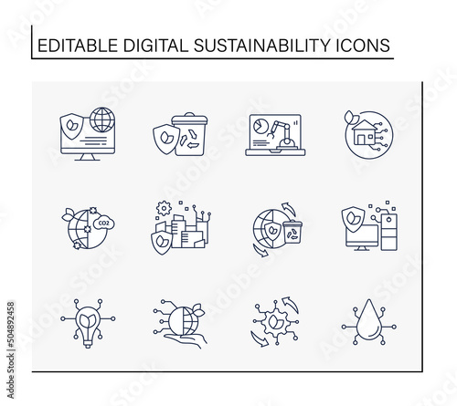 Digital sustainability line icons set. Modern technology. Global environment protection. Ecology concept. Isolated vector illustrations.Editable stroke