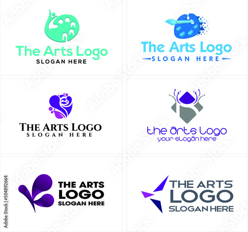 The arts logo template with painting brush symbol , abstract icon, and butterfly initial logo design vector illustration