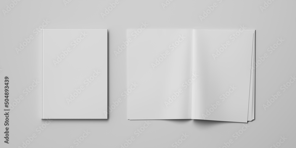 set of white open and closed blank magazine or book isolated on gray background. Blank or layout or mock up. 3d rendering set of white open and closed blank magazine or book isolated on gray background. Blank or layout or mock up. 3d rendering