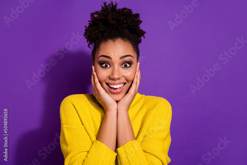 Photos Portrait of funky excited person arms touch cheeks stare speechless isolated on