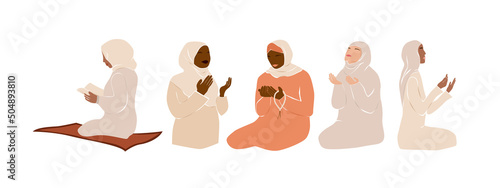 Set of praying muslim women in modern abstract style. Female beauty portraits in hijabs. Arab girls in traditional clothes pray. Ramadan mubarak. Flat vector illustration isolated on white background.