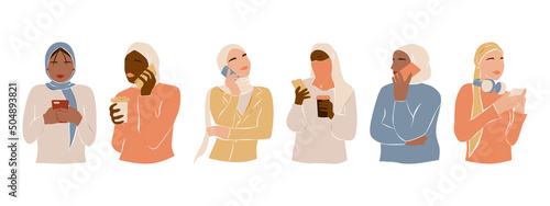 Muslim diversity women with smartphone. Modern abstract girls in hijab chating and talking on phone. Arab bussineswomen. Flat vector illustration isolated on white background. photo