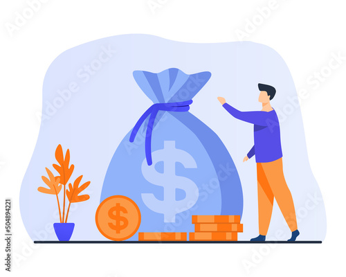 Businessman with big pile of money and big sack. Flat cartoon vector. Boss, near the salary of an office worker. Take a loan from a bank. Stacks of coins.