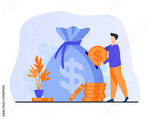 Businessman with big pile of money and big sack. blames the money from the bag to distribute the salary. Flat vector. Boss, near the salary of an office worker. Take a loan from a bank. Stack of coins