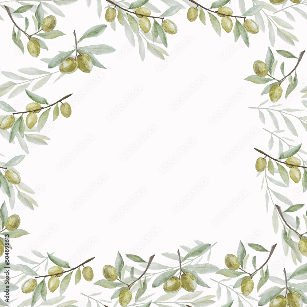 Watercolor hand drawn frame of olive sketch branches for fabric texture or decoration cards