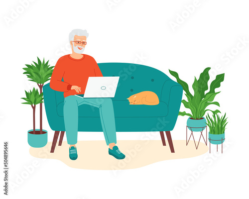 Senior gray-haired man sitting with laptop on a sofa. Concept of worked elderly, retirees of using modern technologies. Remote work from home, training, e-learning. Isolated flat vector illustration