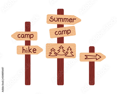 Set of wooden signposts on a tourist route. Way sign to summer camp, hiking trail.  Guidepost with arrow.  Flat isolated vector illustration