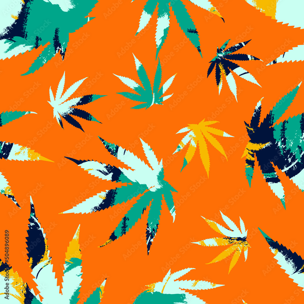 Cannabis leaves seamless pattern on orange background. Cannabis leaves seamless pattern on orange background.