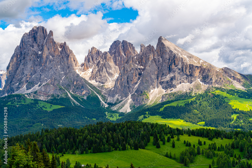 View of Saslonch or Sassolungo group or Langkofel group in the Dolomite mountain at Trentino. South Tyrol, Italy