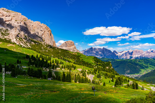Beautiful landscape of Langkofel Group or Sassolungo Group in the Italian Dolomites Mountain at Gardena Pass in South Tyrol, Italy.