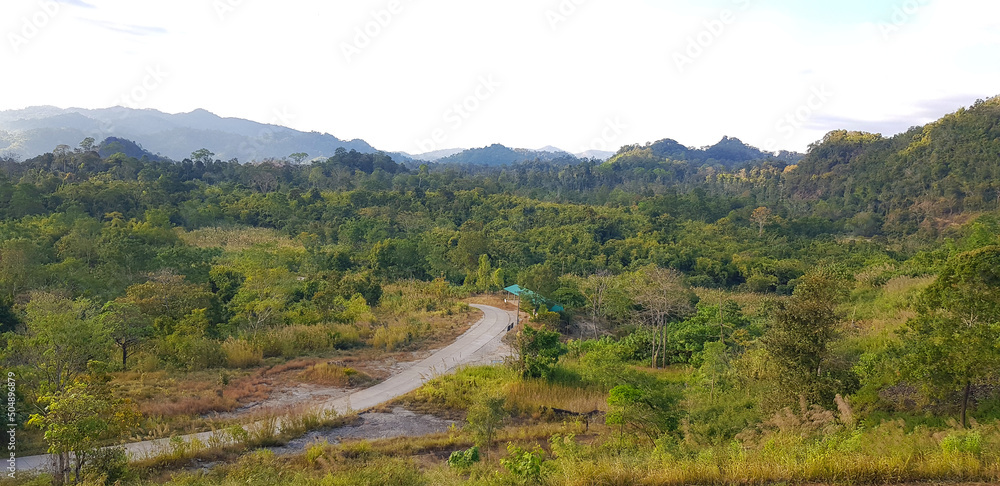 Landscape view of tropical forest, mountain hill and sky background. Top view point with road or street among nature with tree or jungle. Natural wallpaper and Fresh air concept