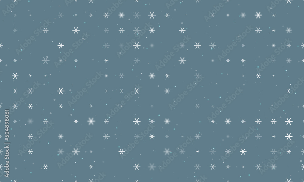 Seamless background pattern of evenly spaced white astrological sextile symbols of different sizes and opacity. Vector illustration on blue gray background with stars