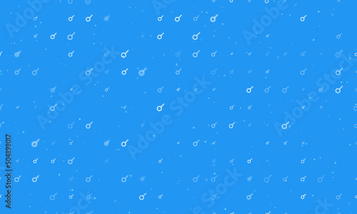 Seamless background pattern of evenly spaced white astrological connection symbols of different sizes and opacity. Vector illustration on blue background with stars