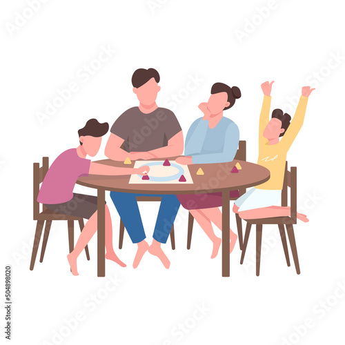 Family members play board game semi flat color vector characters. Sitting figures. Full body people on white. Simple cartoon style illustration for web graphic design and animation