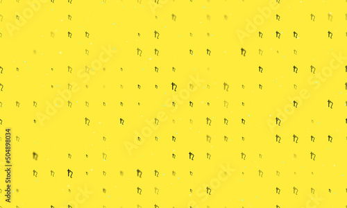 Seamless background pattern of evenly spaced black astrological saturn symbols of different sizes and opacity. Vector illustration on yellow background with stars