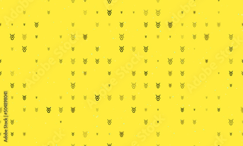 Seamless background pattern of evenly spaced black astrological uranus symbols of different sizes and opacity. Vector illustration on yellow background with stars