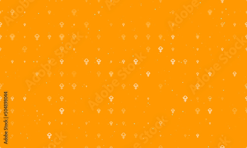 Seamless background pattern of evenly spaced white astrological pluto symbols of different sizes and opacity. Vector illustration on orange background with stars