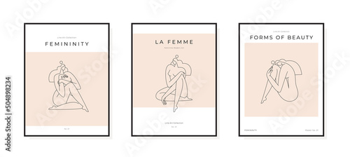 Trendy contemporary posters set. Minimal female silhouette Abstract woman body feminine design. Line art. Femininity, Mid century beauty concept, print collection for wall decor. Vector illustration