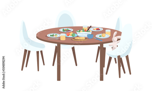 Dining table semi flat color vector element. Full sized object on white. Family routine and tradition. Served family meal simple cartoon style illustration for web graphic design and animation