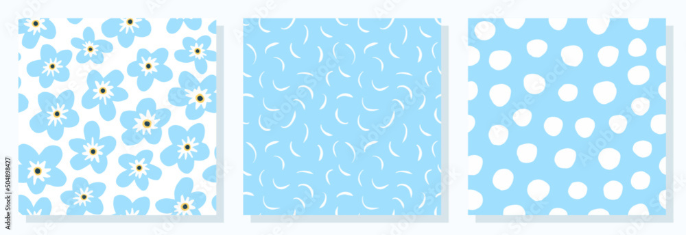 Blue flowers. Vector illustration. Seamless set. Polka dot. Summer.