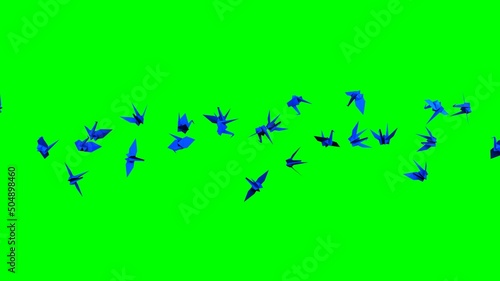 Blue origami crane on green chroma key background. 3D illustration for background.  © Tsurukame Design