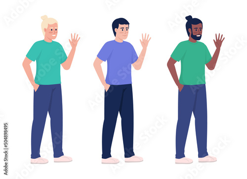 Smiling men waving hands semi flat color vector character set. Standing figures. Full body people on white. Simple cartoon style illustration collection for web graphic design and animation