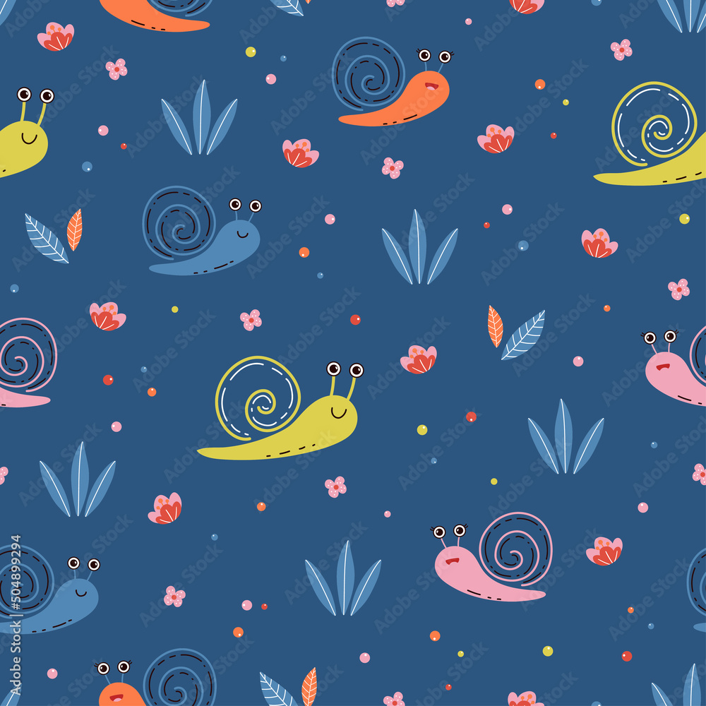 Funny seamless pattern with cute baby snails on the meadow. Vector print with kawaii hand-drawn animals for kids textile, wrapping paper Funny seamless pattern with cute baby snails on the meadow. Vector print with kawaii hand-drawn animals for kids textile, wrapping paper