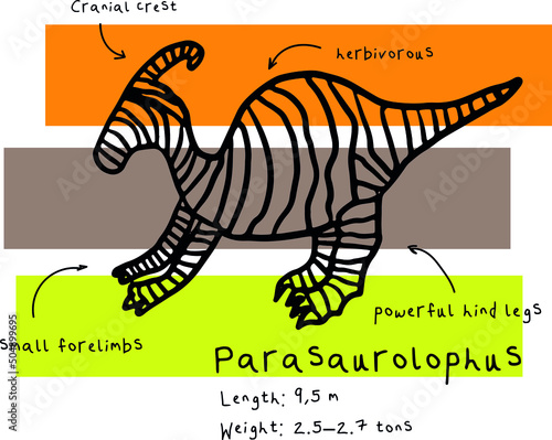 Print with abstract Parasaurolophus and facts. Print with dino for textile, fabric, kids, boy, t-shirt, Web, clothes, socks and other design.