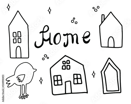 Cute houses are drawn with a contour. Linear drawings of house icons