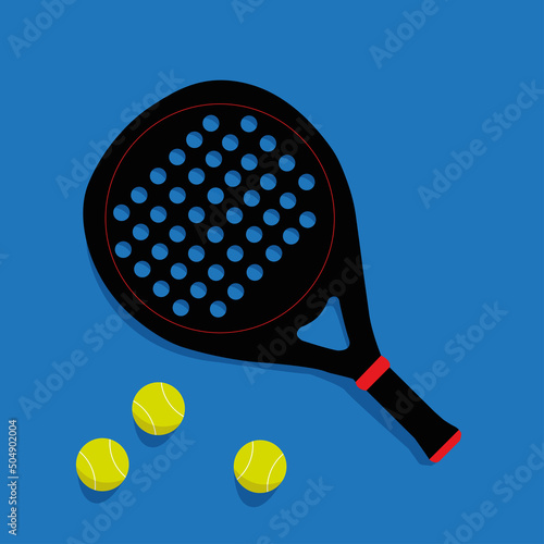 Illustration with overhead view of racket and paddle balls on blue ground court.	