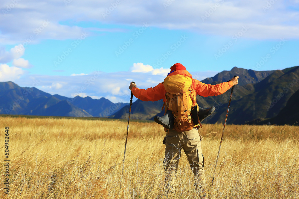 trekking mountains man walking sticks travel adventure man with backpack trekking mountains man walking sticks travel adventure man with backpack