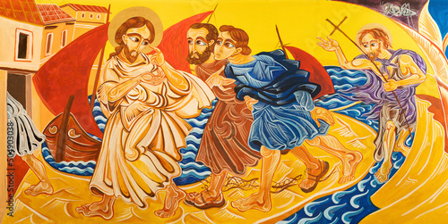 FORLÍ, ITALY - NOVEMBER 11, 2021: The modern fresco Jesus call the apostles t...