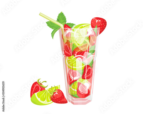 Strawberry mojito cocktail.Summer refreshing alcoholic drink with lime, strawberries, ice cubes and mint.Vector illustration .The concept of drinks.