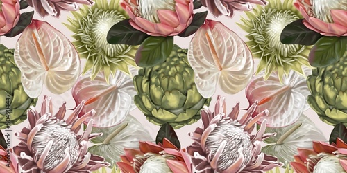 Protea seamless pattern. watercolor realist flowers of protea and anthurium. Illustration wallpaper. fabric print