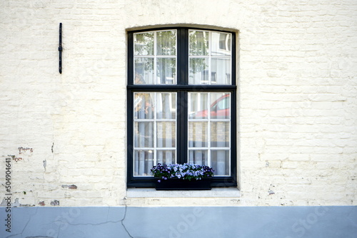 Weiße Fassade mit altem Sprossenfenster und Blumenkasten mit blauen Blumen auf der Fensterbank im Frühling in den Gassen der Altstadt von Brügge in Westflandern in Belgien photo