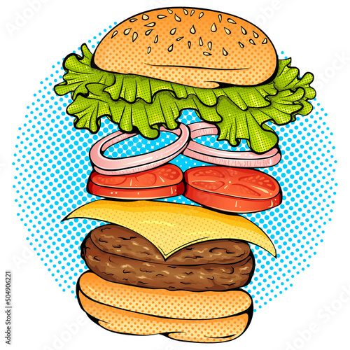 Illustration burger with flying ingredients bun, tomato, salad, cheese, onion, cutlet. Fast food. Vector bright colored print in Pop Art style. Retro cartoon comic style. Design for stickers, poster