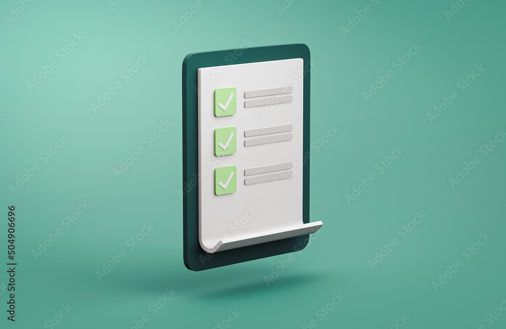 Notebook with to-do list on green background. 3d illustration. Good organization with check list. - obrazy, fototapety, plakaty 